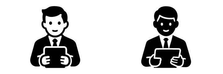 Businessman holding a tablet icon set for corporate communication and professional presentations, a simple black and white glyph symbol for user interface design