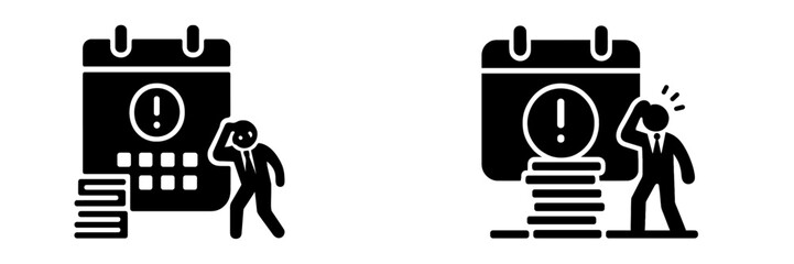 Stressed businessman with financial deadline calendar showing payment due date and tax season problems