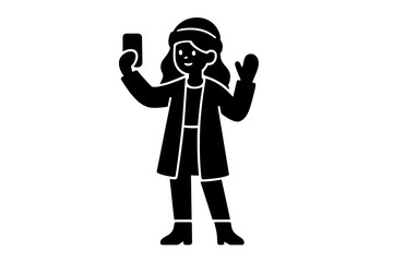 Young woman in winter clothing including a hat, coat, and mittens taking a selfie with a smartphone, black glyph icon on a white background