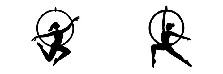 Set of black silhouettes of a graceful female gymnast performing acrobatic elements on an aerial hoop or lyra © Alan