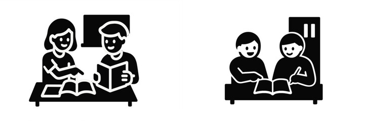 Diverse group of students engaged in collaborative learning, reading books and studying together at a shared desk in an academic setting