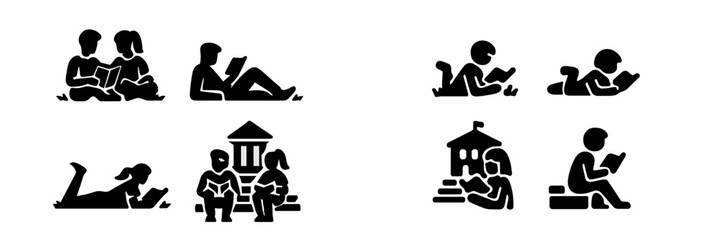 Minimalist black silhouettes of people reading books in various poses, including sitting, lying down, and in educational settings