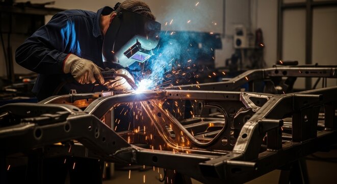 Welder fabricating car frame with sparks