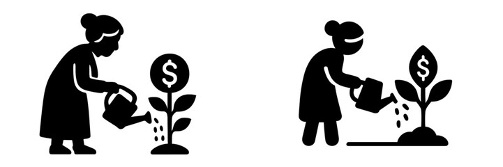 Senior person watering a stylized money plant with a dollar sign representing financial growth and investment strategy