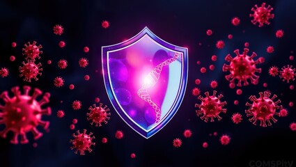 A digital illustration of a shield with dna inside surrounded by red coronavirus particles on dark ground