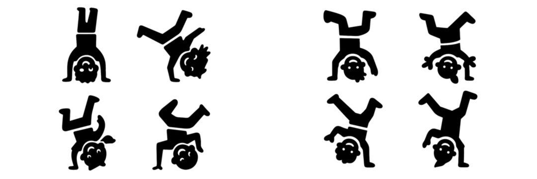 Set of black silhouette icons depicting people doing handstands and breakdancing moves in various active poses isolated on a white background