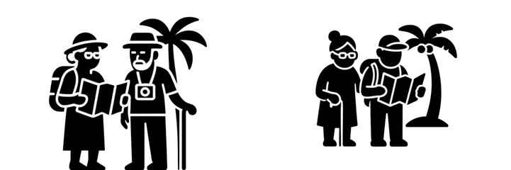 Two senior couples on a tropical vacation with backpacks, walking sticks, and maps for exploring exotic island destinations together