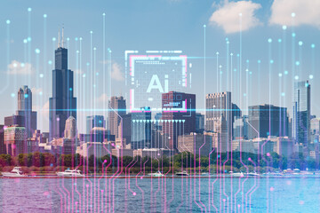 Chicago skyline with futuristic holographic overlay representing technology and security, against a blue sky and water background. Double exposure