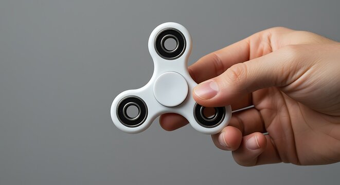 Hand holding white fidget spinner with black bearings on gray background stress relief - Powered by Adobe