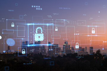 Los Angeles skyline with digital hologram of security concept over cityscape during sunset. Double exposure