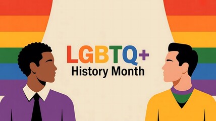 Two men facing each other with lgbtq history month text against a rainbow flag background