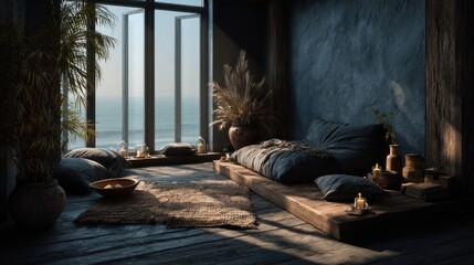 Serene Coastal Sanctuary: Minimalist Interior with Ocean View and Natural Decor
