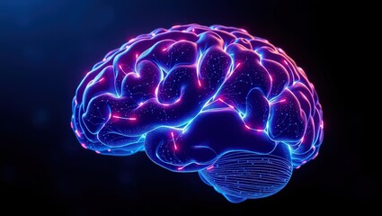 Glowing human brain with blue and purple lights on a dark background with visible connections