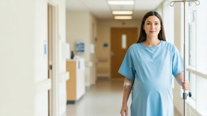 Hospital patient in gown standing in hospital hallway. Hospital patient with IV stand recovering in clinic. Hospital patient smiling slightly, showing resilience and suggesting hope. - Powered by Adobe
