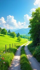 Obraz premium Serene roadside scenery with lush green meadows, wildflowers, and a winding country road under a bright summer sky Perfect for travel, nature, and idyllic settings , travel, wildflowers