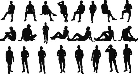 Black silhouette human poses collection, standing, sitting, leaning, gesture reference, posture design, body movement, vector illustration, white background, minimal style