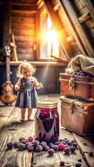 Photo of a little girl in a rustic attic near a jar of homemade berry jam, with an old guitar and sunlight streaming through a window.