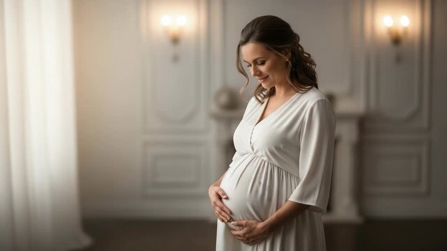 Elegant pregnancy photography features woman in white dress holding her belly, soft and gentle pregnancy photography in bright room with decorative fireplace.