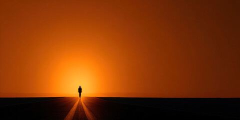 Lone Person Walking into Sunset. A minimal and emotional visual symbolizing solitude, hope, or life journey. Ideal for storytelling, posters, or personal blogs.