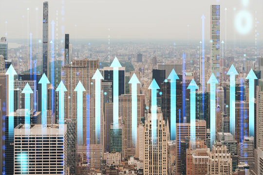 Double exposure of New York City skyline with holographic arrows and binary code. Photorealistic with digital graphics concept. Double exposure