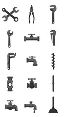 Fototapeta premium A collection of various plumbing and mechanical tools including wrenches, pliers, faucets, valves, and a plunger, depicted in a simple, flat design style.