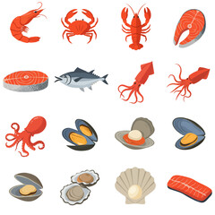 Collection of seafood icons: shrimp, crab, lobster, salmon, tuna, squid, octopus, mussels, clams, oysters, scallops.