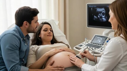 Ultrasound examination with expectant parents observing image on screen. Expectant parents support expecting mother during ultrasound examination, monitoring progress of pregnancy. - Powered by Adobe
