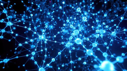 A luminous blue network of interconnected spheres and lines against a dark background creating depth