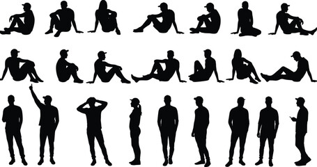 Black silhouette illustration of people sitting and standing in various poses, human posture collection, gesture reference, minimal vector art design