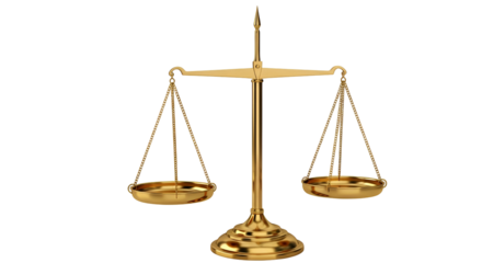 Golden scales justice law balance legal court system equality fairness judgment truth on transparent background