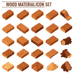 Isometric wood material icon set featuring various wood textures and shapes for design.