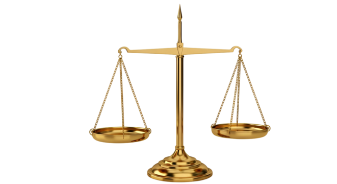 Golden scales justice law balance legal court system equality fairness judgment truth on transparent background