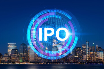 Skyscrapers Cityscape Downtown View, New York Skyline Buildings. Beautiful Real Estate. Night time. IPO hologram. Business education initial primary offering concept.