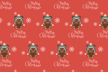 Christmas Bear Pattern swatch available in swatches panel, Cute Winter Seamless Design with Merry Christmas Text and Snowflakes