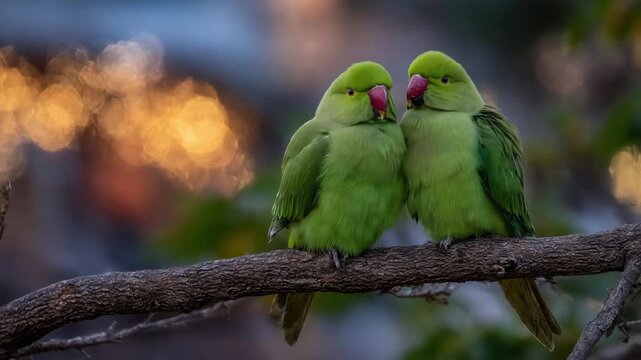 A pair of ringneck parrots cuddle on a high branch, their feathers glowing in the warm evening light, showcasing their bond and affection.