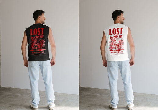 Mockup Of Man In Customized Tank Top Vest, Rear View