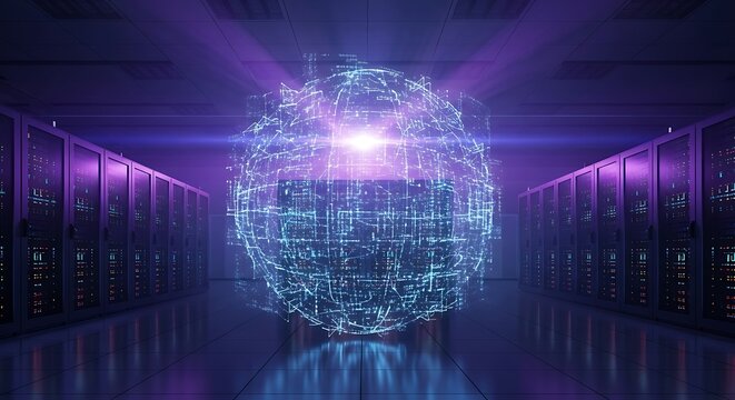 Data Sphere in Server Room - Network Technology Concept.