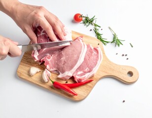 Fresh Pork Chops Being Sliced on Wooden Cutting Board
