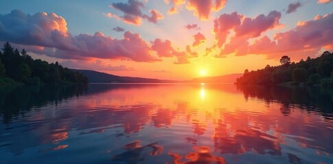 Fototapeta premium Serene summer lake scene at sunset, with calm water reflecting vibrant colors of the sky Perfect for travel, nature, and vacation themes , vibrant, idyllic, light