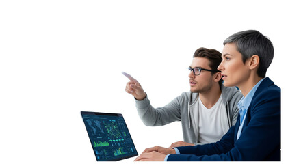 Project Manager and Computer Science Engineer Talk while Using Big Screen Display and a Laptop, Showing Infrastructure Infographics Data. Telecommunications Company System Control and Monitoring Room.