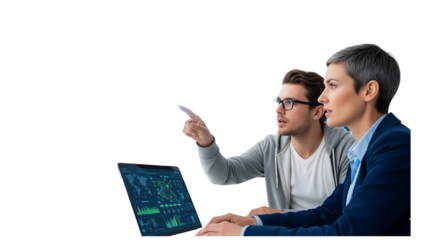 Project Manager and Computer Science Engineer Talk while Using Big Screen Display and a Laptop, Showing Infrastructure Infographics Data. Telecommunications Company System Control and Monitoring Room.