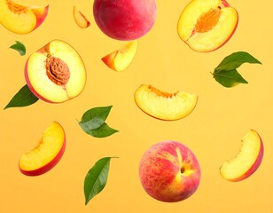 Fototapeta premium Peach slices and halves, vibrant, fresh