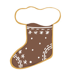 Gingerbread cookie shaped like a Christmas stocking with white icing. Cute holiday symbol, ideal as decor or sweet gift. Hand drawn traditional winter biscuit.
