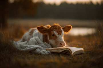 Adorable young calf resting peacefully outdoors reading a book in warm golden hour light