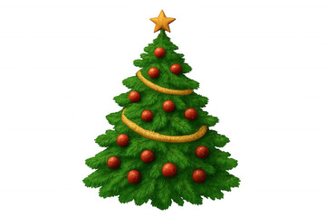 Fototapeta premium Christmas tree decorated with red ornaments, golden ribbon spiraling upward, golden star crowning evergreen branches against white backdrop