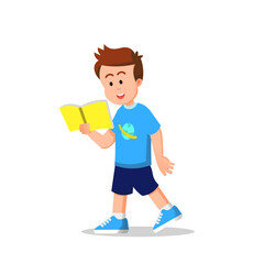A cute boy walks while reading a book