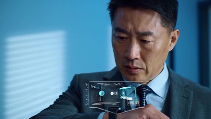 Man in suit checks futuristic smartwatch with holographic display - Powered by Adobe