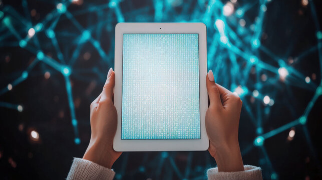 System hacking, network security, and data protection. Unauthorized access, cybersecurity, and integrity. A woman holds a tablet with a data code in her hands