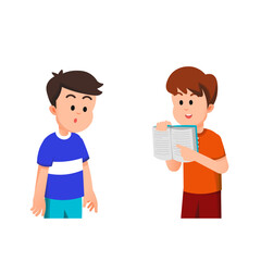 Two children are discussing the contents of the book