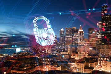 Seattle skyline with a hologram fingerprint overlay, neon blue and red lights on night cityscape background. Double exposure